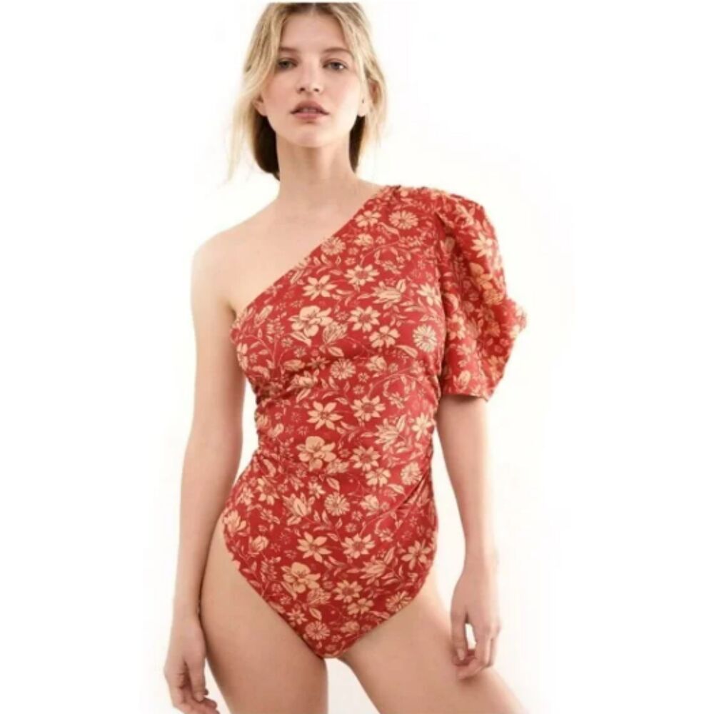 Free People Intimately Free People One Shoulder Floral Red Orange Bodysuit Sz S
